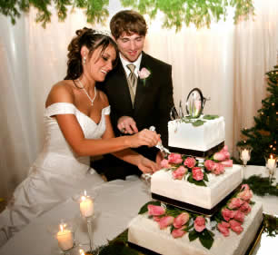 Man and woman cutting a wedding cake
